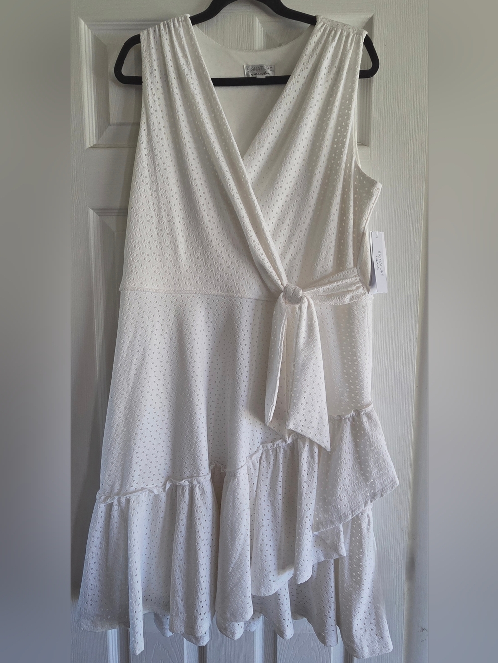 White Eyelet Faux Wrap Dress with Tie Waist